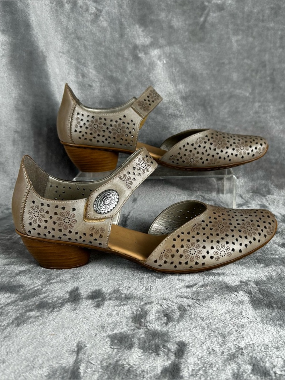 Rieker Taupe Cutout Floral Mary Jane Mules